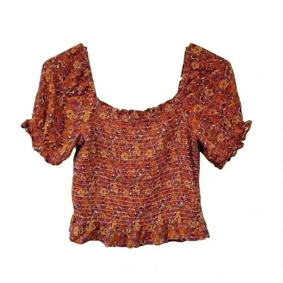SO Junior Women's Red/Orange Floral Rayon Smocked Summer Square Neck Puff Sleeve - Picture 5 of 9